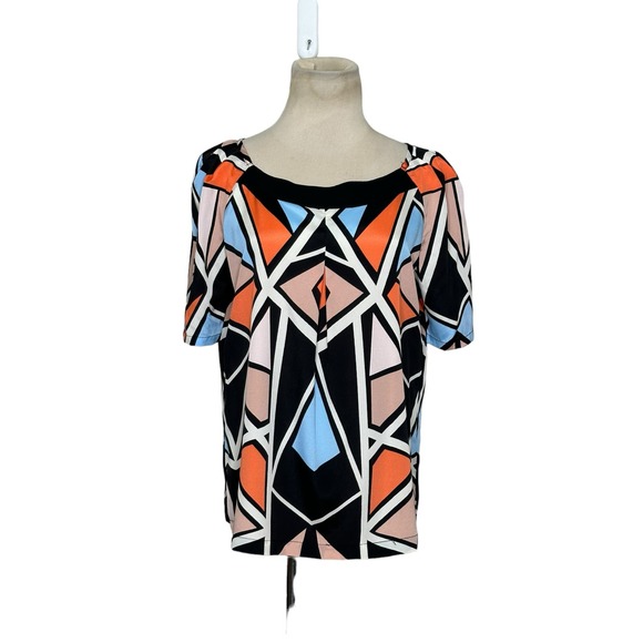 Glam black pink geometric print short sleeves blouse size Medium - Picture 1 of 8